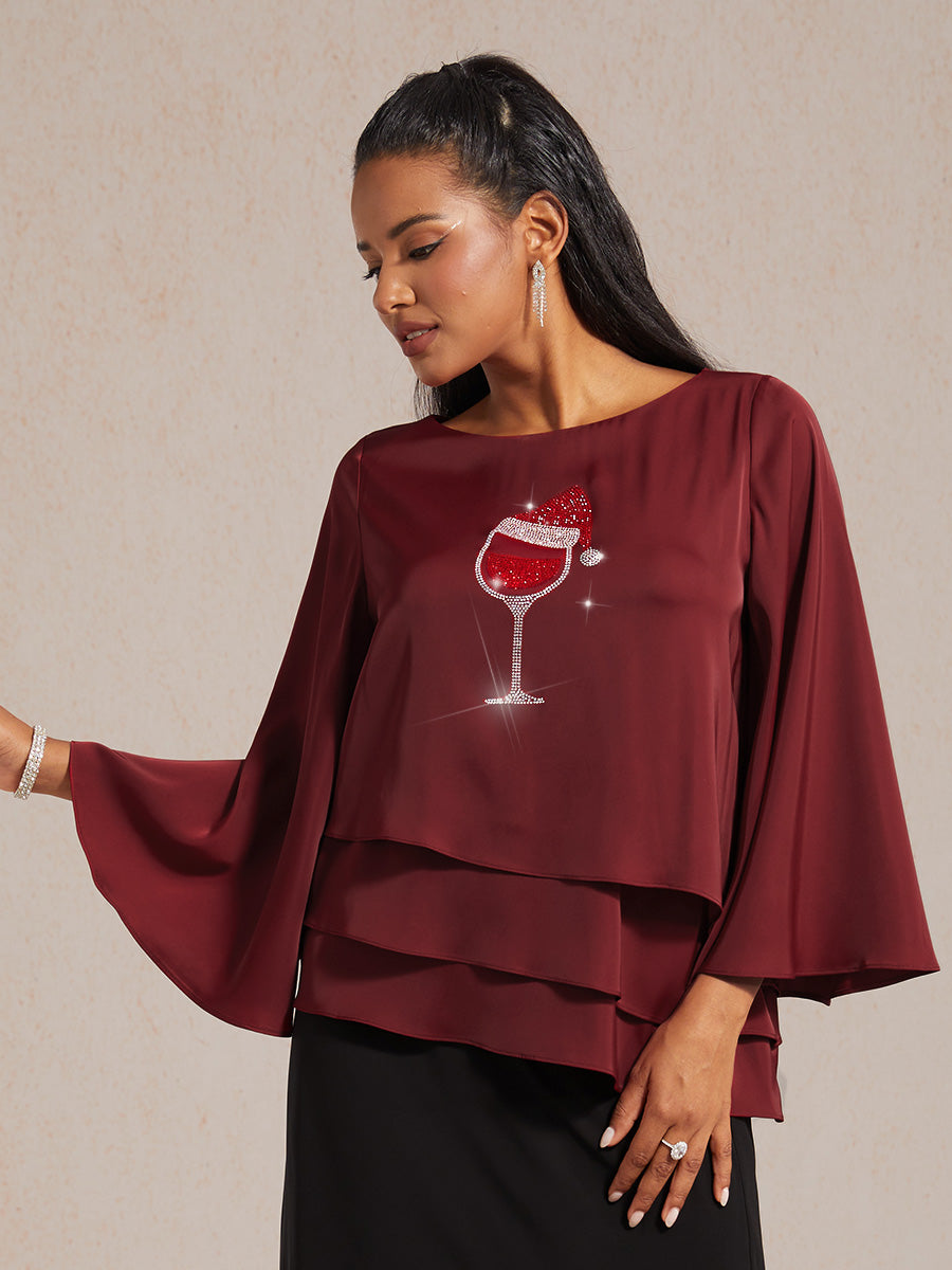 Satin Layered Bell Sleeve Top with Christmas Rhinestone