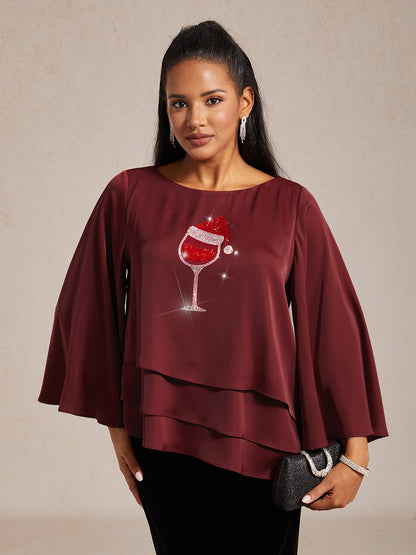 Satin Layered Bell Sleeve Top with Christmas Rhinestone