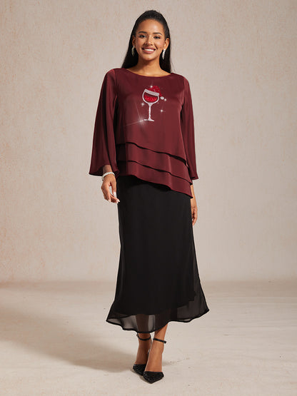 Satin Layered Bell Sleeve Top with Christmas Rhinestone