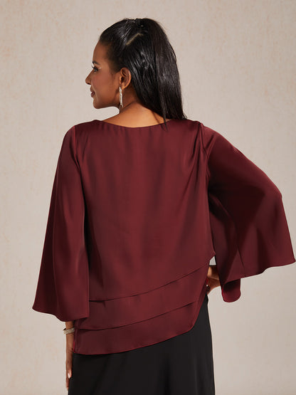 Satin Layered Bell Sleeve Top with Christmas Rhinestone