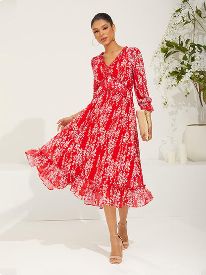 Rotes Swing-Maxikleid aus Chiffon mit Blumenmuster