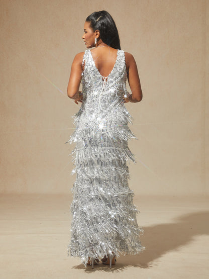 Silver Sequin Fringe Maxi Dress for Party