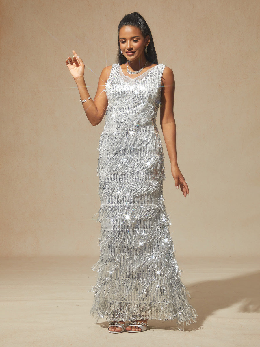 Silver Sequin Fringe Maxi Dress for Party