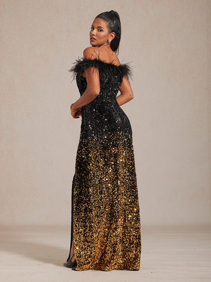 Black Gold Ombre Sequin Velvet Gown with Feather Trim