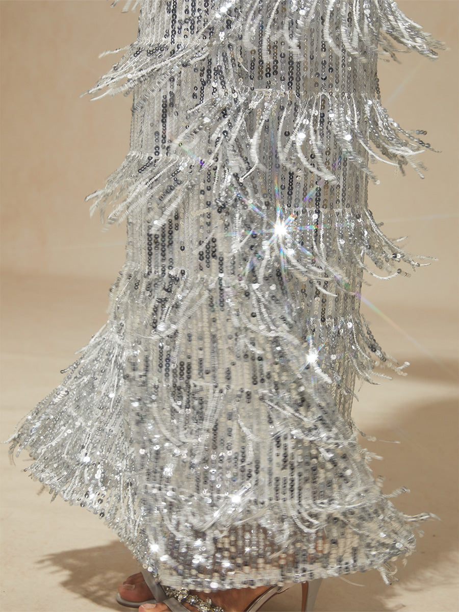 Silver Sequin Fringe Maxi Dress for Party