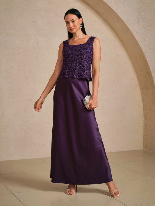 Sleeveless Glitter Lace Satin A-Line Dress with Silver Glitter