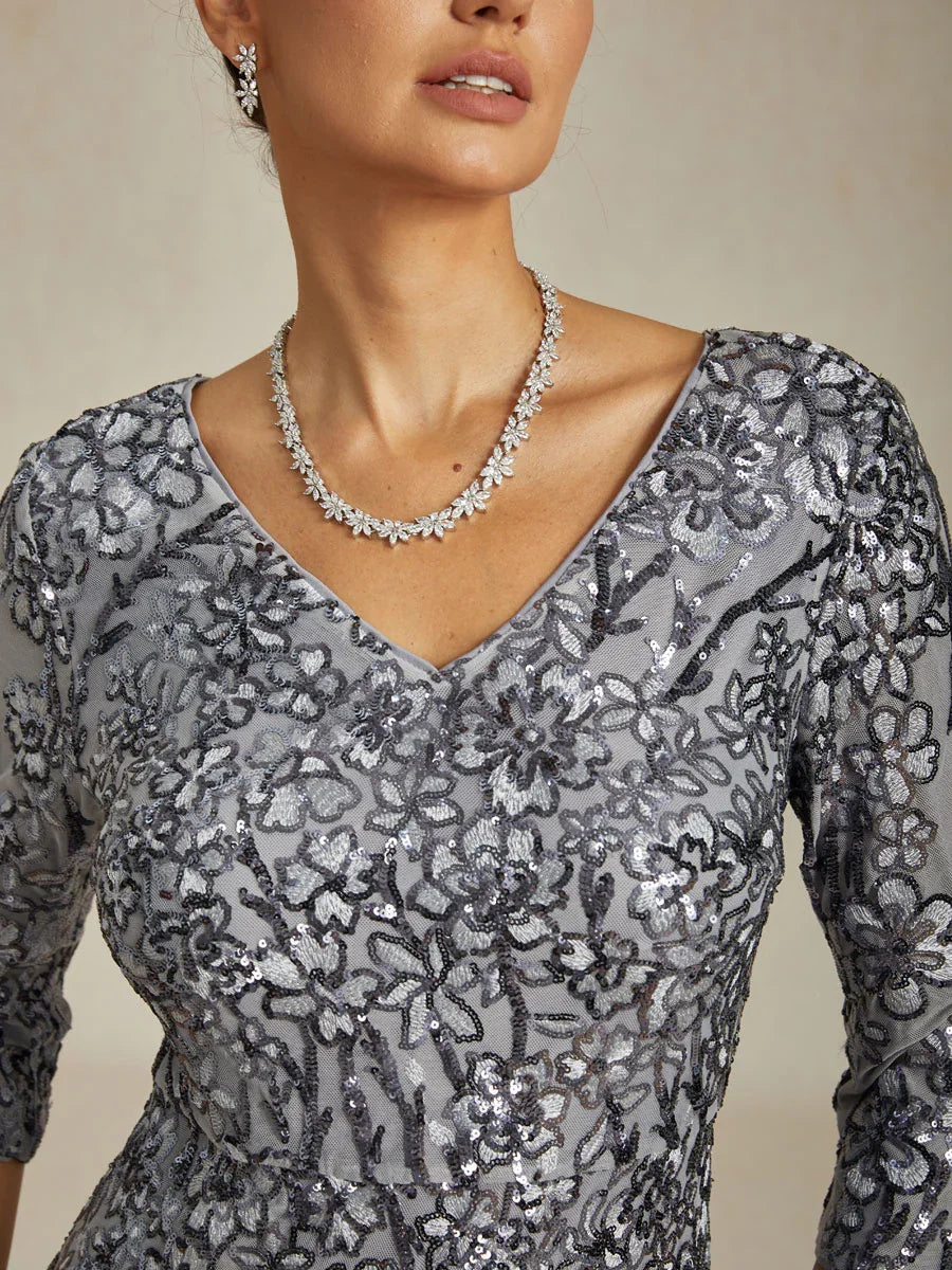 Robe élégante à paillettes, col en V, épaules dénudées