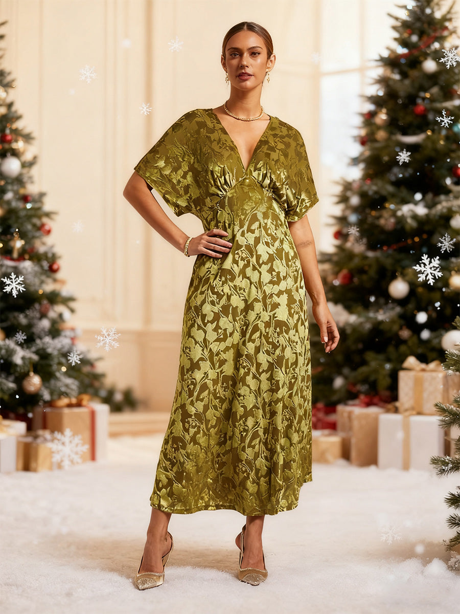 V-Neck Velvet Floral Maxi Dress