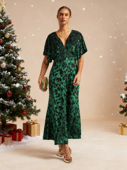V-Neck Velvet Floral Maxi Dress