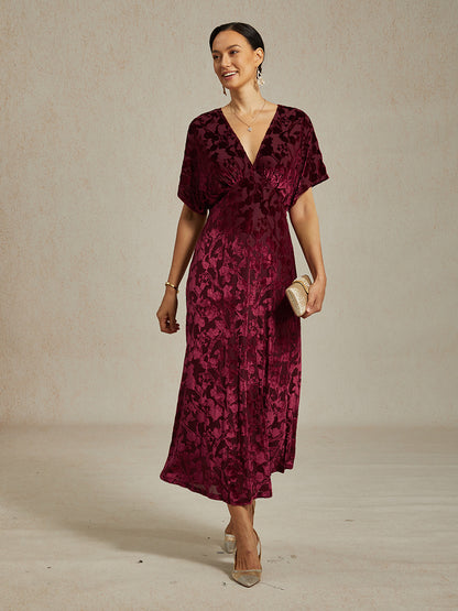 V-Neck Velvet Floral Maxi Dress