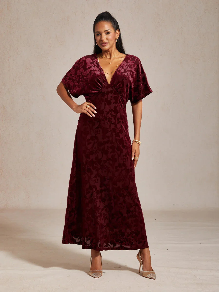 V-Neck Velvet Floral Maxi Dress
