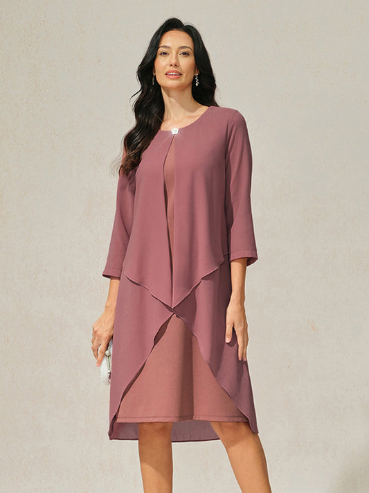 3/4 Sleeve Knee-Length Chiffon Dress with Rhinestone