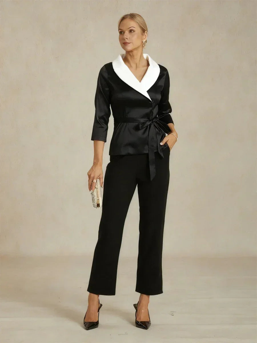 3/4 Sleeve Stretch Taffeta Blouse with Tie Waist Detail