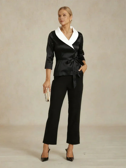 3/4 Sleeve Stretch Taffeta Blouse with Tie Waist Detail