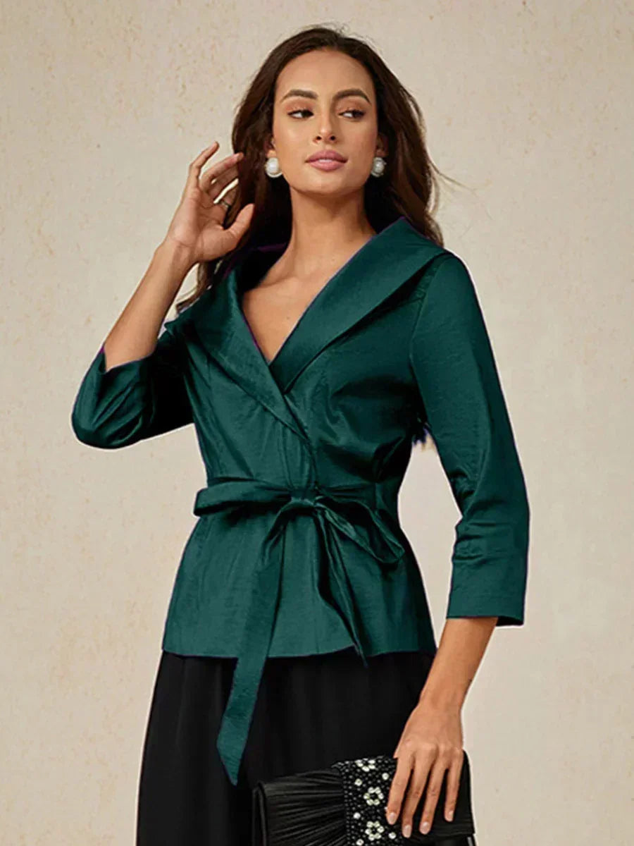 3/4 Sleeve Stretch Taffeta Blouse with Tie Waist Detail