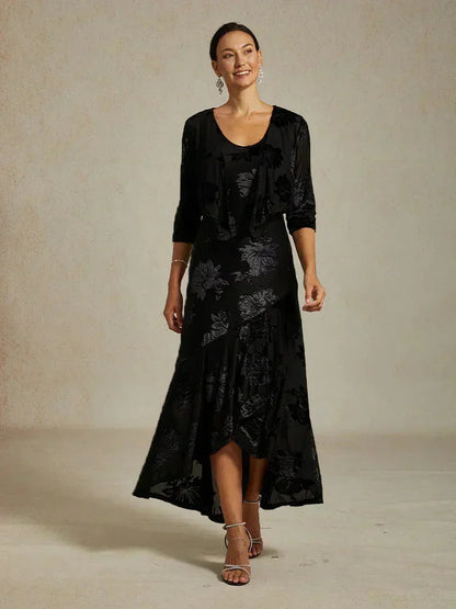 Navy Floral Chiffon Evening Gown with Asymmetrical Hem