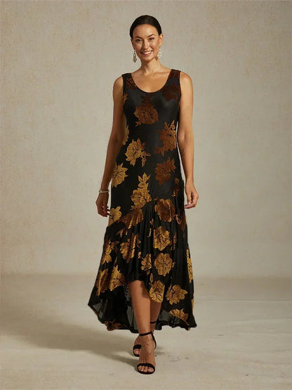 Floral Chiffon Evening Gown with Asymmetrical Hem