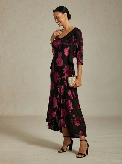 Floral Chiffon Evening Gown with Asymmetrical Hem