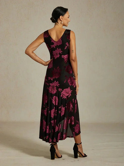 Floral Chiffon Evening Gown with Asymmetrical Hem