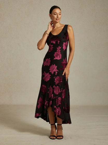 Marineblaues Chiffon-Abendkleid mit Blumenmuster und asymmetrischem Saum