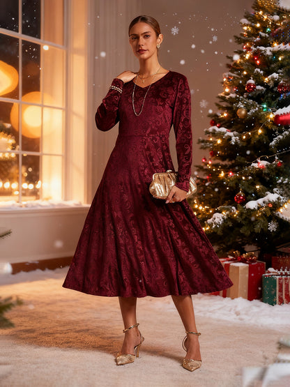 Velvet Midi Dress with Embossed Paisley Pattern