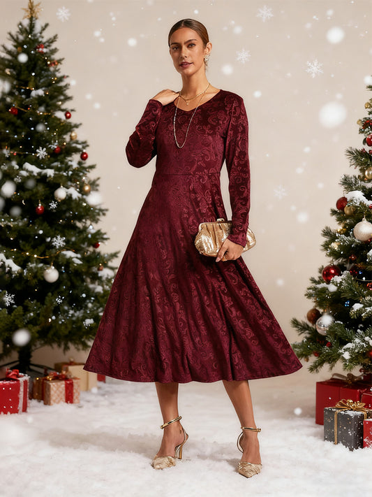 Velvet Midi Dress with Embossed Paisley Pattern