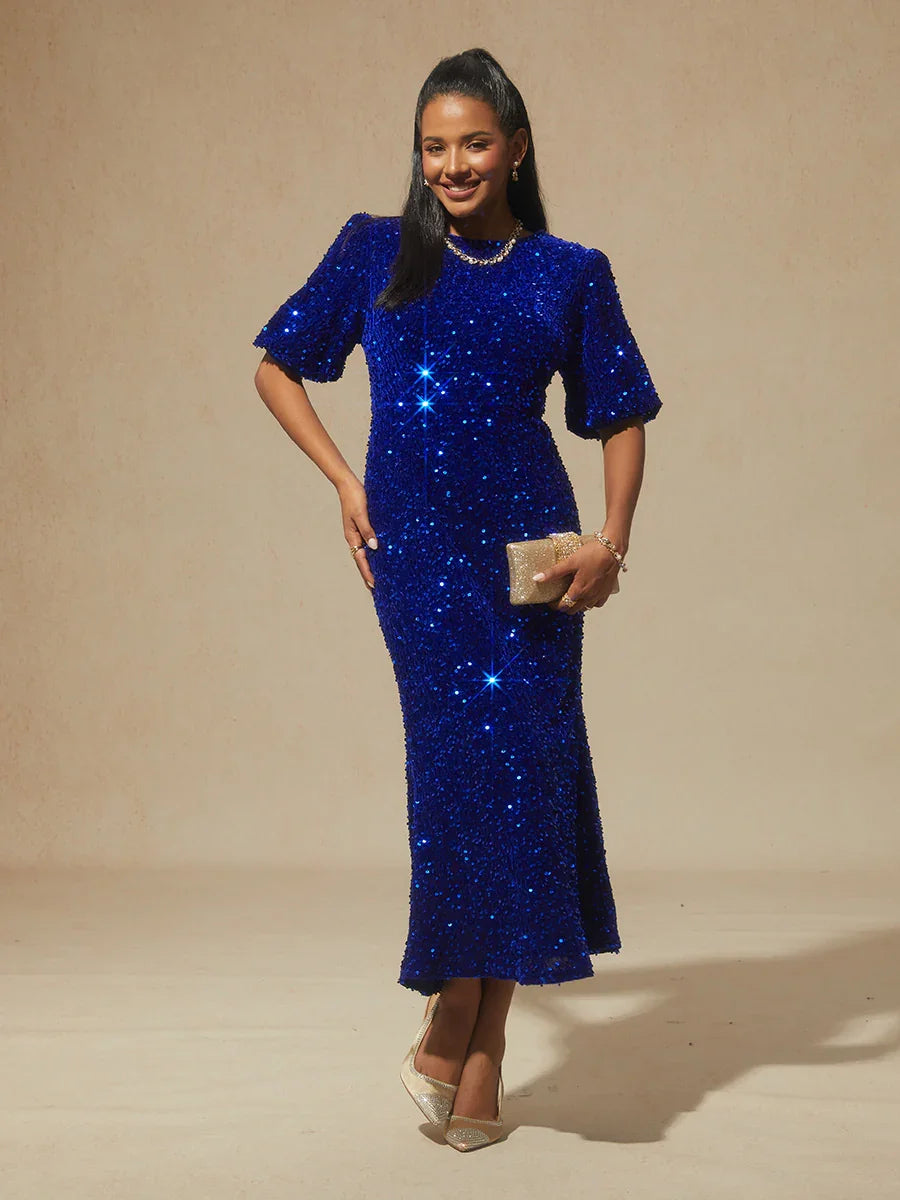 Velvet Sequin Midi Dress with Puff Sleeves