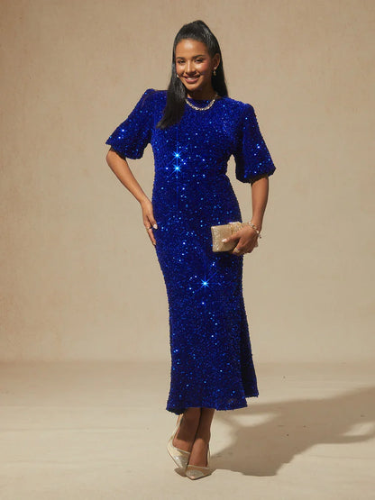 Velvet Sequin Midi Dress with Puff Sleeves