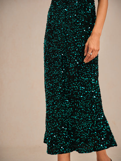 Velvet Sequin Midi Dress with Puff Sleeves