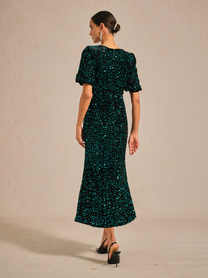 Velvet Sequin Midi Dress with Puff Sleeves
