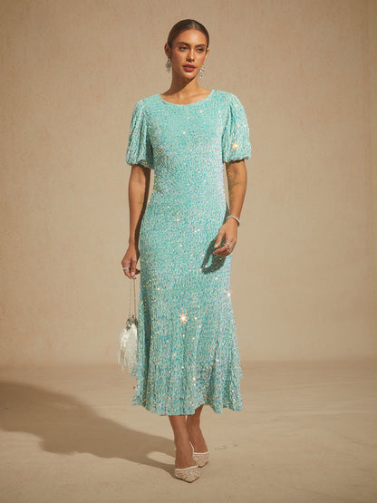 Velvet Sequin Midi Dress with Puff Sleeves