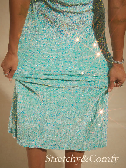 Velvet Sequin Midi Dress with Puff Sleeves