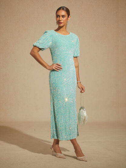 Velvet Sequin Midi Dress with Puff Sleeves