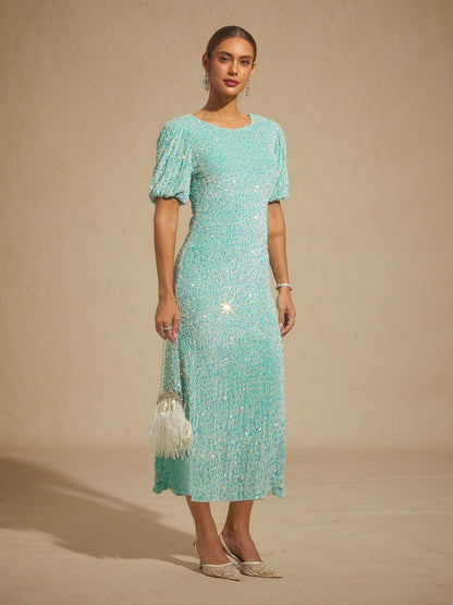 Velvet Sequin Midi Dress with Puff Sleeves