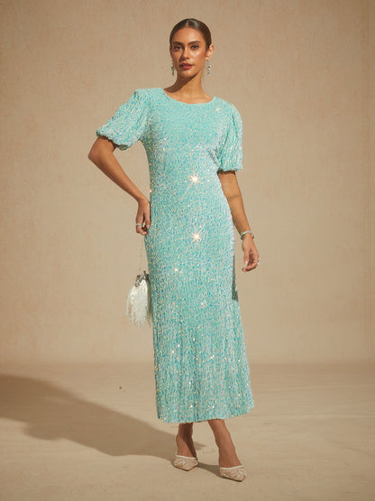 Velvet Sequin Midi Dress with Puff Sleeves