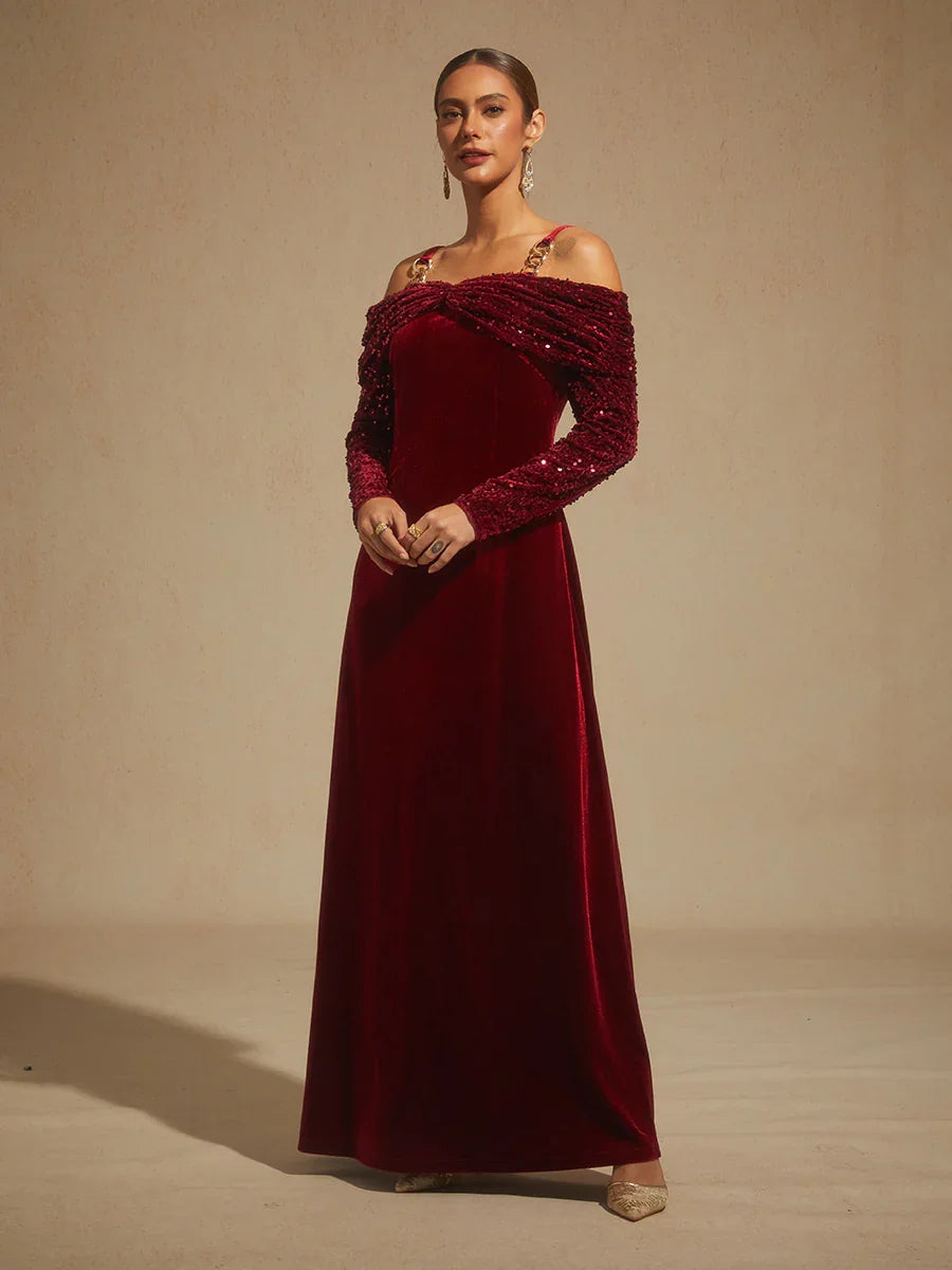 Off-Shoulder Velvet Midi Dress with Metal Ring Strap