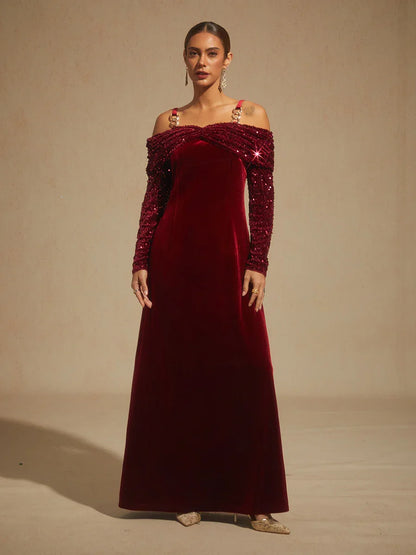 Off-Shoulder Velvet Midi Dress with Metal Ring Strap