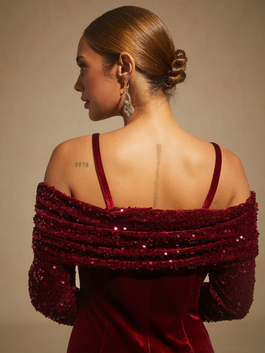 Off-Shoulder Velvet Midi Dress with Metal Ring Strap