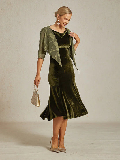 High-Stretch Velvet Sleeveless Midi Dress with Cowl Neck
