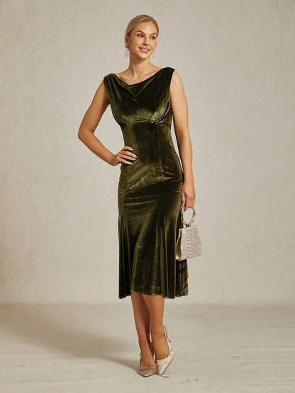High-Stretch Velvet Sleeveless Midi Dress with Cowl Neck