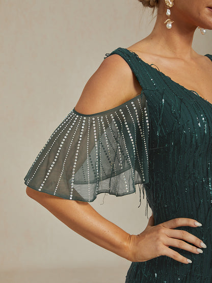 Vintage 1920s Sequin Fringe Off Shoulder Mermaid Maxi Dress