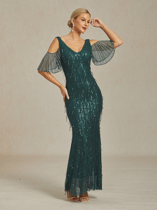 Vintage 1920s Sequin Fringe Off Shoulder Mermaid Maxi Dress