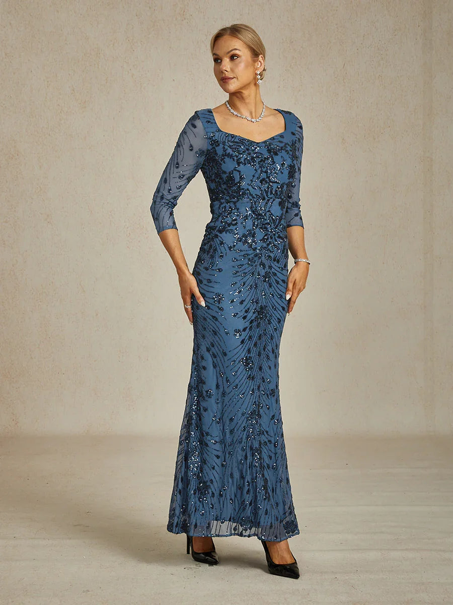 Square Neck 3/4 Sleeve Sequin Embroidered Mermaid Gown