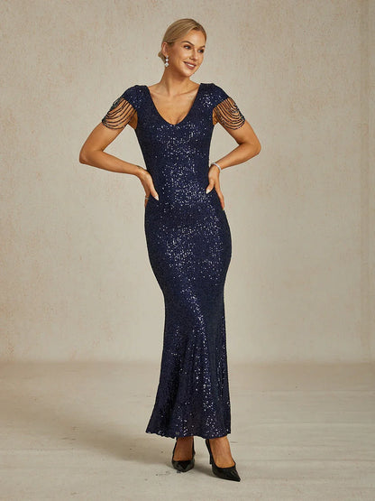 Sequin Mermaid Evening Gown with Beaded Chain Details