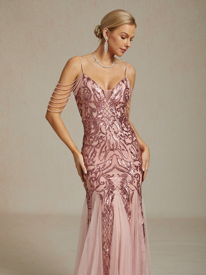 Vintage 1920s Sequin Off Shoulder Mermaid Evening Gown