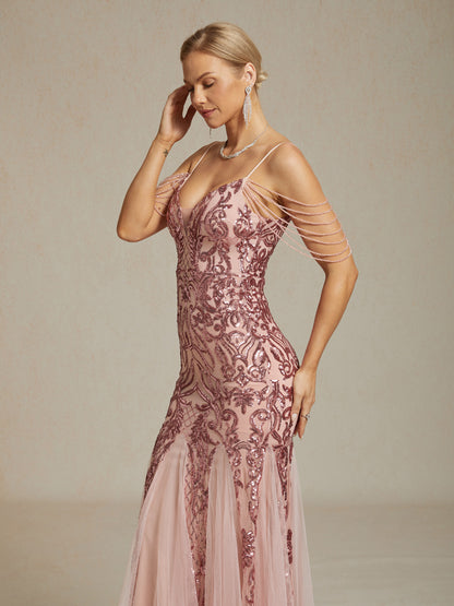 Vintage 1920s Sequin Off Shoulder Mermaid Evening Gown