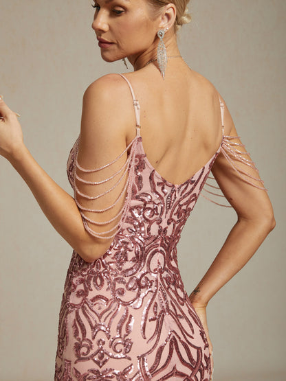 Vintage 1920s Sequin Off Shoulder Mermaid Evening Gown