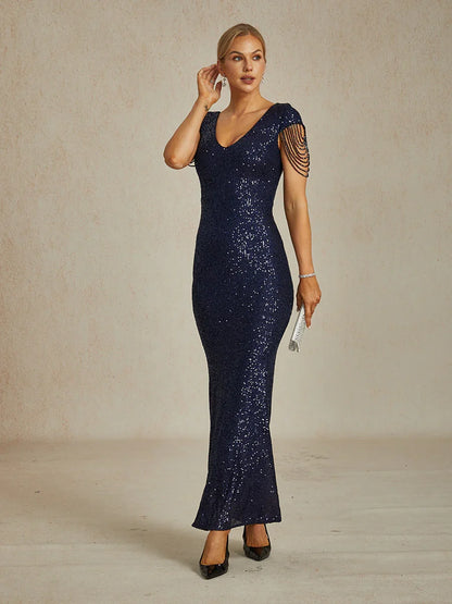 Sequin Mermaid Evening Gown with Beaded Chain Details