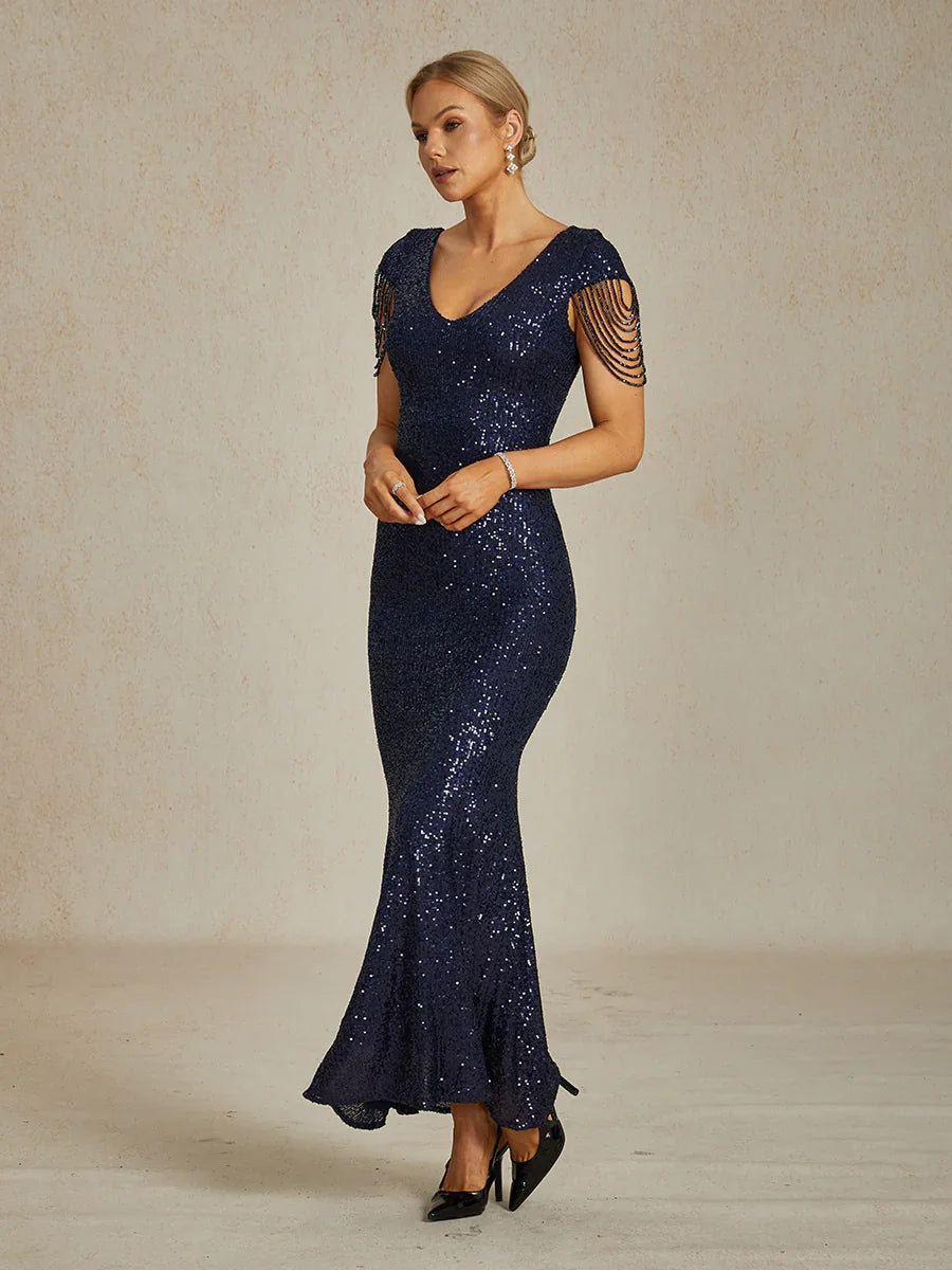 Sequin Mermaid Evening Gown with Beaded Chain Details