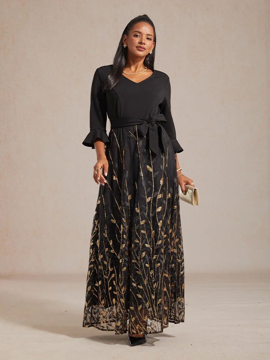 High-Waist A-Line Dress with Sequin Embroidery